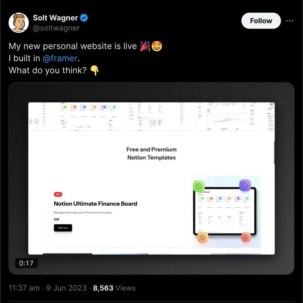 Framer design preview featuring Solt Wagner's Twitter feed, showcasing a sleek layout with bright colors and engaging content.