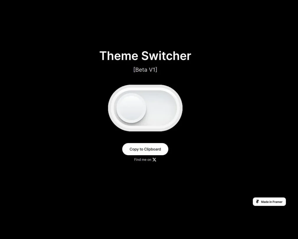 "Framer theme switcher interface displaying options for light and dark modes with toggle buttons, featuring a user-friendly design."