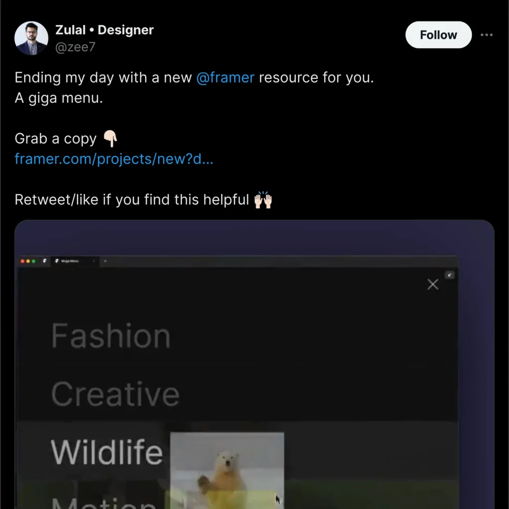 Framer showcases a Twitter conversation with Zulal, featuring engaging visuals and user interactions, emphasizing community dialogue.