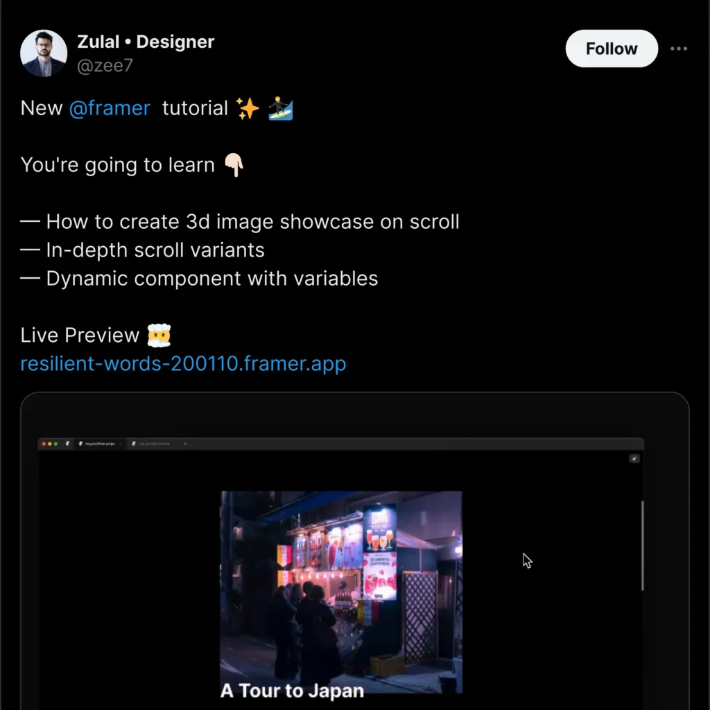 Screenshot of a Twitter post featuring Framer-related content, showcasing user engagement and comments on a design topic.