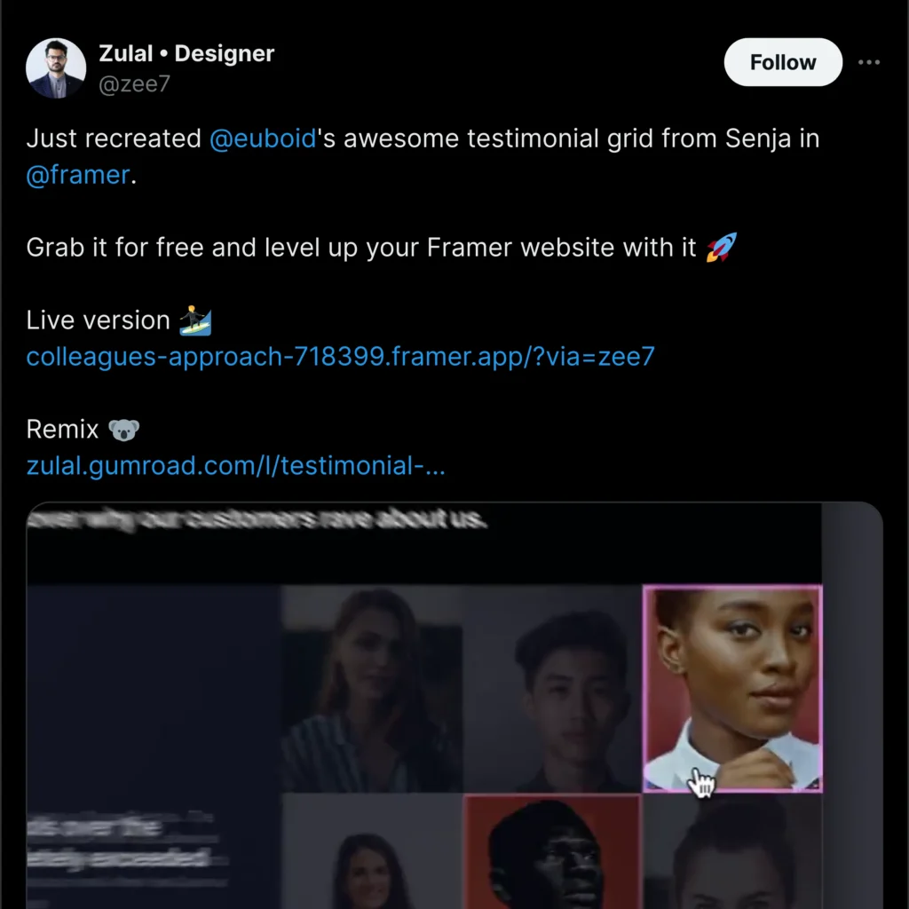 "Screenshot of a Twitter profile for Zulal, highlighting posts and interactions, featuring the Framer branding in a creative layout."