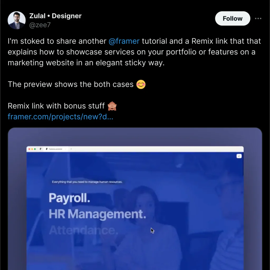Screenshot of a Twitter profile featuring Framer, showcasing user interface design elements and vibrant visuals by Zulal with engaging posts.